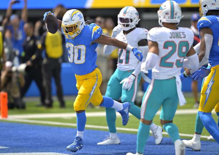Los Angeles Chargers running back Austin Ekeler (30) celebrates after a touchdown against the Miami Dolphins last Sunday. (Kamin-Oncea-USA TODAY Sports)